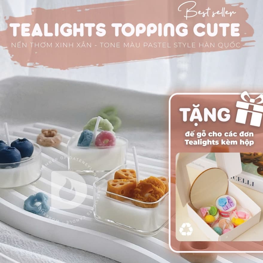 [Freeship] DATENEYLAND - Nến Thơm Tealight decor hoa khô và topping sắc màu.