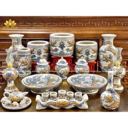 Bộ Đồ Thờ Cúng Men Rạn Đắp Nổi Hoạ Tiết Rồng- đồ thờ cúng gia tiên thổ công bàn thờ thần tài gốm sứ Bát Tràng 1
