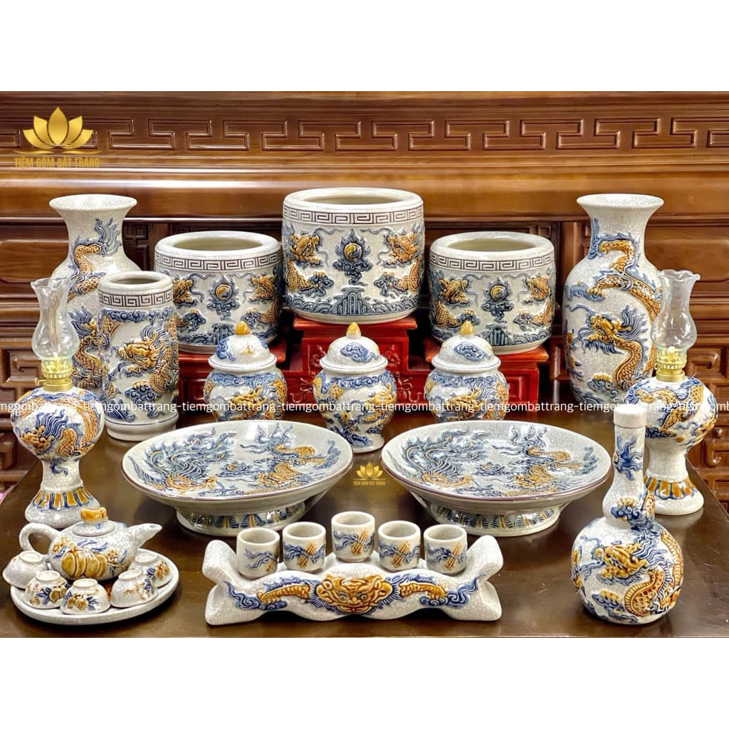 Bộ Đồ Thờ Cúng Men Rạn Đắp Nổi Hoạ Tiết Rồng- đồ thờ cúng gia tiên thổ công bàn thờ thần tài gốm sứ Bát Tràng