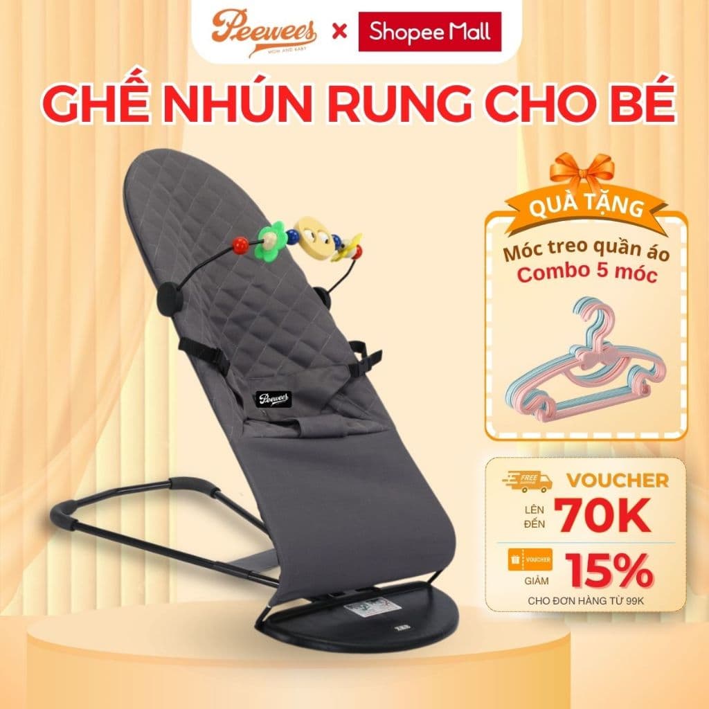 Ghế Nhún Rung Cao Cấp Cho Bé Sơ Sinh PEEWEES, Chống Võng Lưng, Chất Vải Cotton Thoáng Mát Giúp Bé Nằm Thoải Mái Dễ Chịu