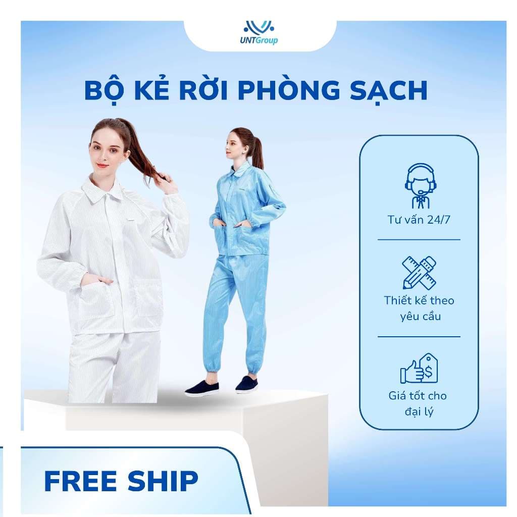Bộ quần áo phóng sạch tĩnh điện UNTG kẻ sọc dùng trong công nghiệp, điện tử, ý tế nhà máy