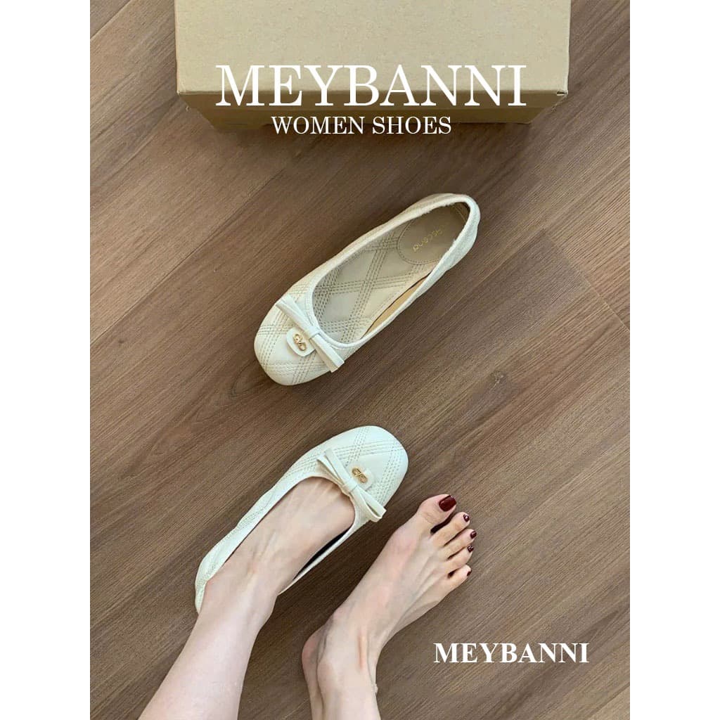 [CHÂN GẦY LÙI 1 SIZE] Giày Búp Bê Mũi Tròn MEYBANNI Chần Chỉ Đính Nơ Phối Khóa Kim Loại - C329