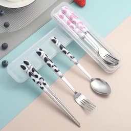 Bộ 3 Món Đũa Thìa Dĩa Inox Cán Sứ Cách Nhiệt Họa Tiết Bò Sữa Có Hộp Đựng Siêu Đáng Yêu 1