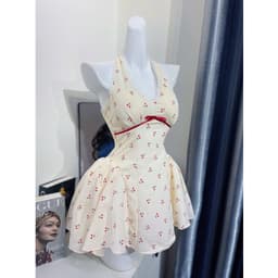 Đầm Cổ Yếm Viền Nơ Ren Ruy Băng Dáng Ngắn Bo Eo Dễ Thương 8