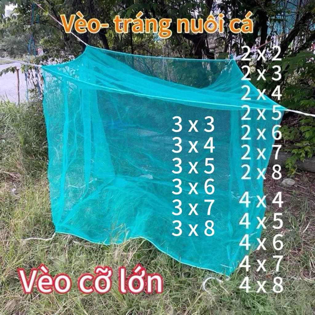 Mùng dèo vèo nuôi cá cỡ to, có nắp đậy (2x2m đến 2x8m), (3 x 3m đến 3 x 8m), (4 x 4m đến 4 x 8m) cao 2m, Mắt lưới 3,5li