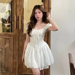 Đầm cổ vuông cột nơ xếp li ngực bo eo dáng ngắn phối viền ren xinh xắn 3