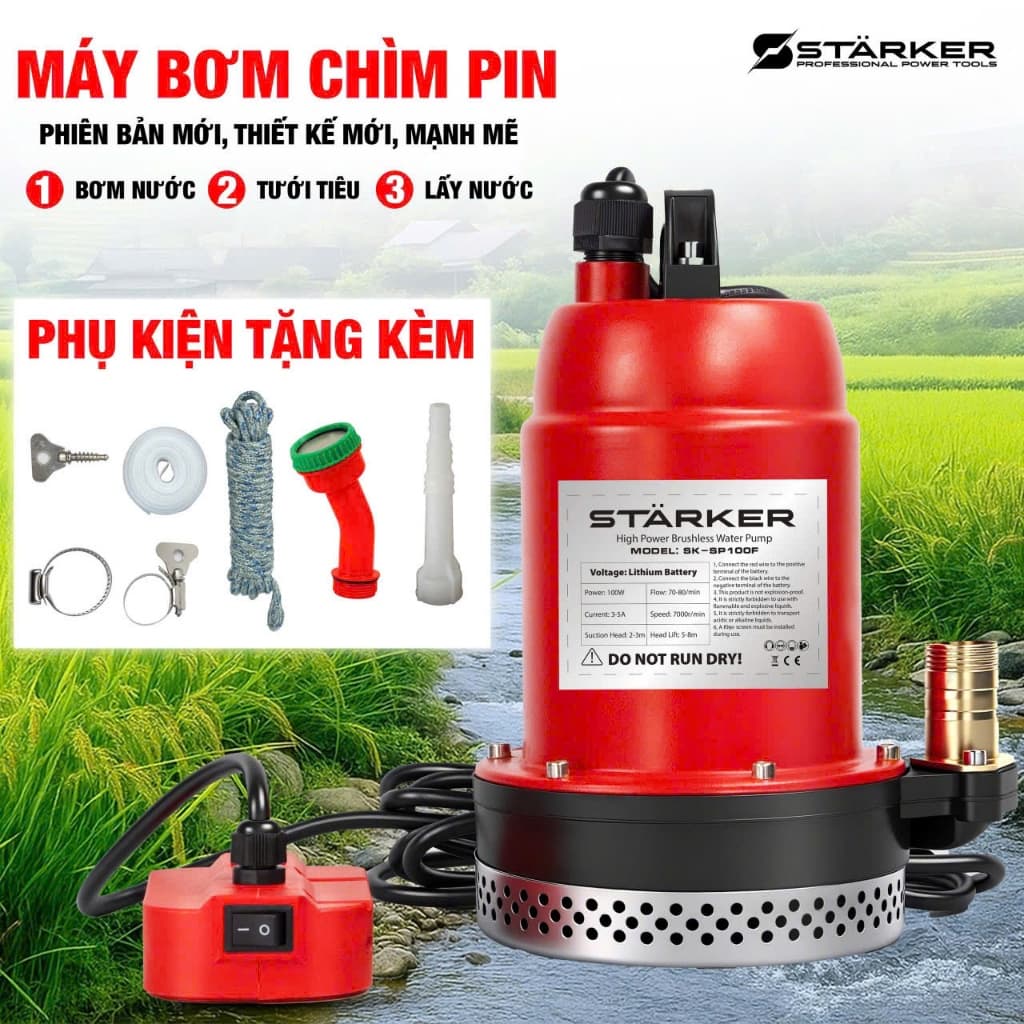 Máy bơm chìm dùng pin Starker SK-SP100F, máy bơm mini máy bơm tõm lưu lượng 70-80/min, đẩy cao 5-8m
