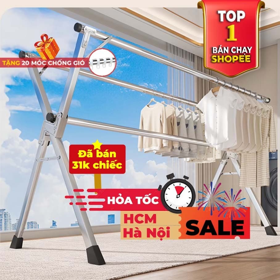 Sào Phơi Quần Áo ( NEW) giàn phơi Tặng 20 móc chống bay, Giá INOX Gấp Gọn, Treo Đồ Thông Minh Dạng Cây