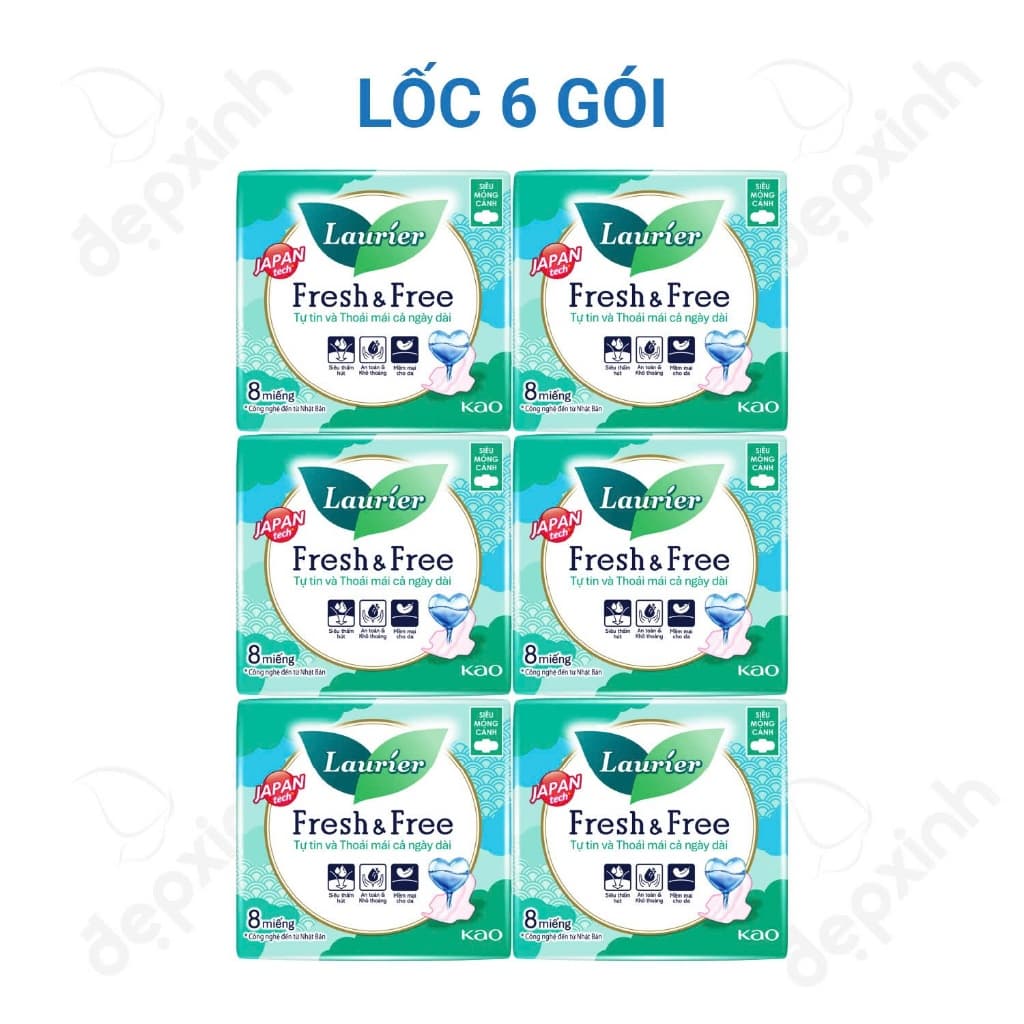 Lốc 6 gói Băng vệ sinh Laurier Fresh&Free siêu mỏng cánh  22cmx8 miếng