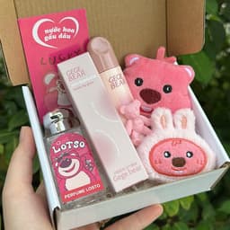 Hộp quà fullbox gấu dâuu gồm 1 nước hoa, 1 son môi gege gấu, 2 gấu loopy xinh xắn 3