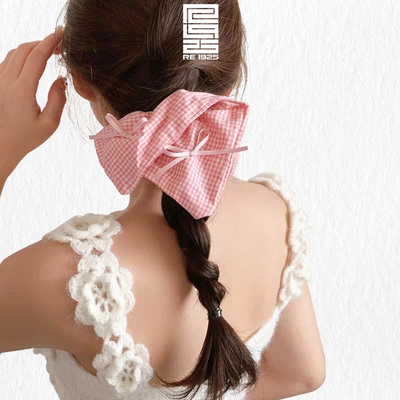 GIÁ XẢ KHO | Buộc tóc Scrunchies - Phụ kiện cột tóc khăn vuông kẻ caro thắt nơ buộc tóc đuôi ngựa Re1925 Studio SCR09
