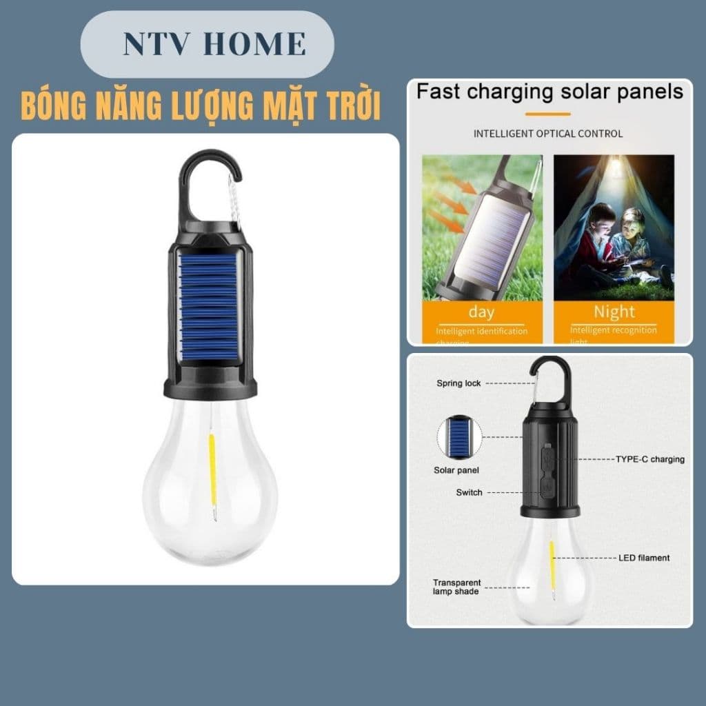 Bóng Đèn Cắm Trại Năng Lượng Mặt Trời T01-B, Sạc Type-C, Ánh Sáng Ấm, Có Móc Treo - Kho Sỉ Phước Thiện