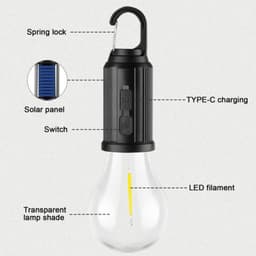 Bóng Đèn Cắm Trại Năng Lượng Mặt Trời T01-B, Sạc Type-C, Ánh Sáng Ấm, Có Móc Treo - Kho Sỉ Phước Thiện 6
