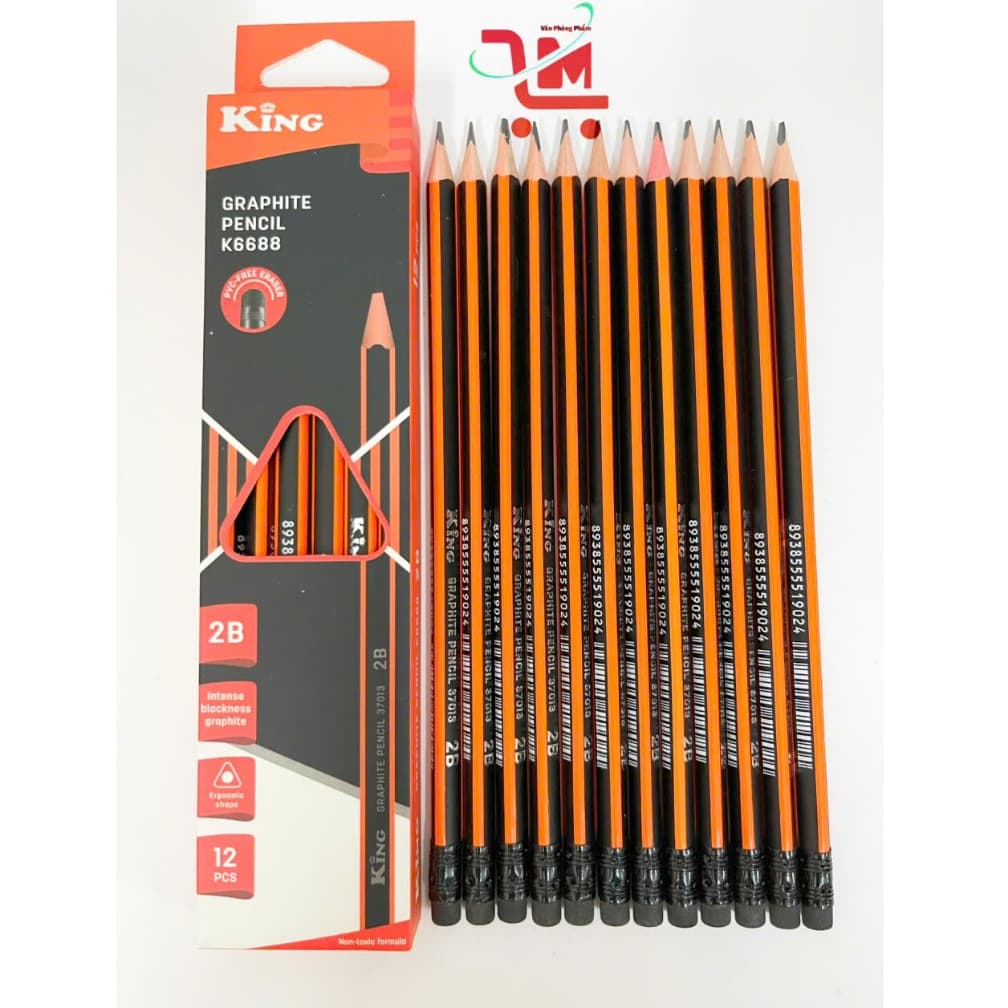 Hộp 12 Cây Bút Chì Chuốt KING K6688 Ngòi 2B/Bút Chì Chuốt Mẫu Cam Xen Đen, 1 Đầu Viết 1 Đầu Gôm, Chất Lượng Tốt