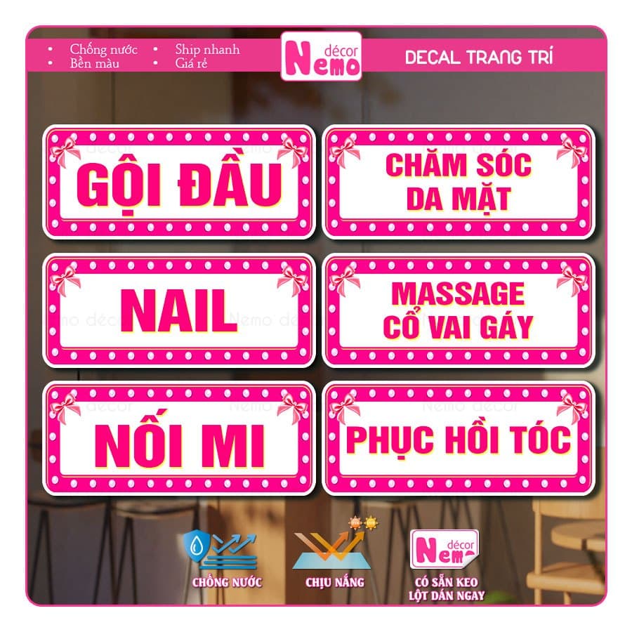 Decal Dán Trang Trí Tiệm Tóc, Barber, Nail, Mi Chống Nước, Decal Tranh Dán Menu Hair Salon, BarberShop.