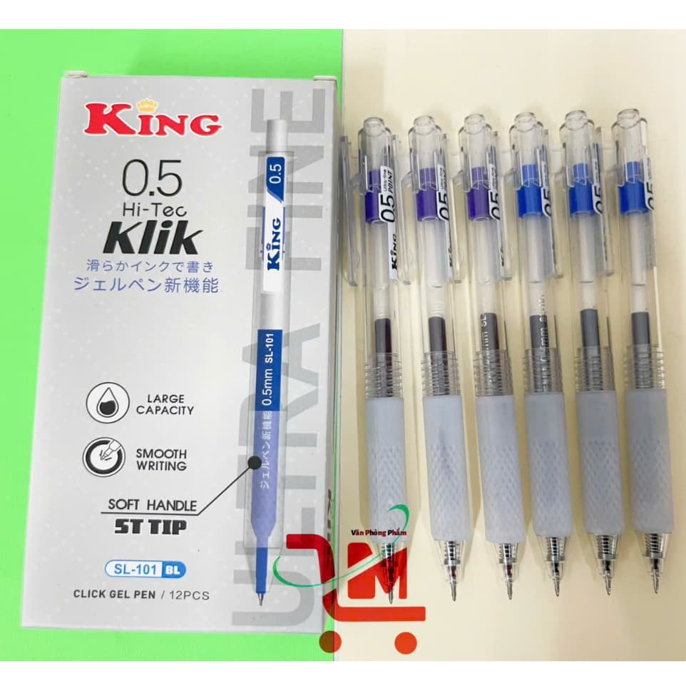 Hộp 12 Cây Bút Gel KING SL-101 HI-Tec Klik Ngòi 0.5MM/Bút Bi Cao Cấp Ngòi Nhỏ, Viết Êm, Mực Đều, Mực Xanh, Tím