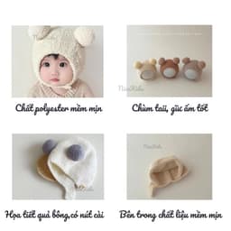 Mũ Len Lông Cục Bông 2 Lớp - Mũ Lông Xù Hai Quả Bông Có Dây Buộc Đáng Yêu Cho Bé Từ 3-18 Tháng 2