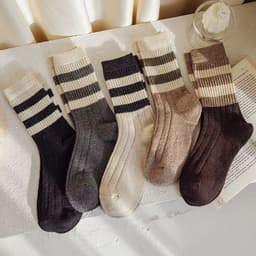 Set 5 Đôi Tất Nữ Cổ Cao Phong Cách Vintage Phối Kẻ Tone Nâu Siêu Hot TT65 5