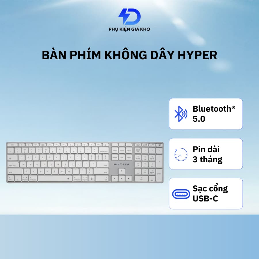 Bàn phím không dây Bluetooth Hyper chống ồn có đèn Led sạc Type C