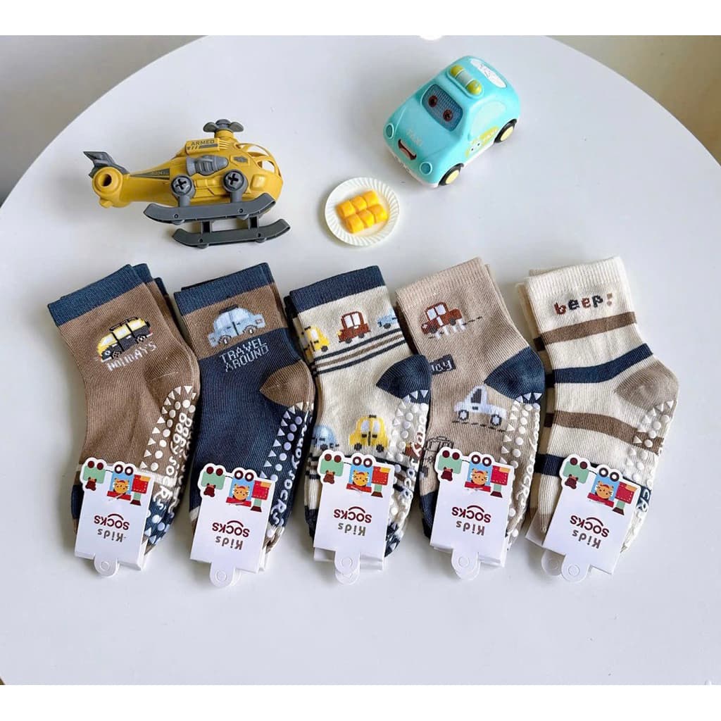 Set 5 Đôi Tất Chống Trơn Ô TÔ NÂU cho bé trai 1-9 tuổi