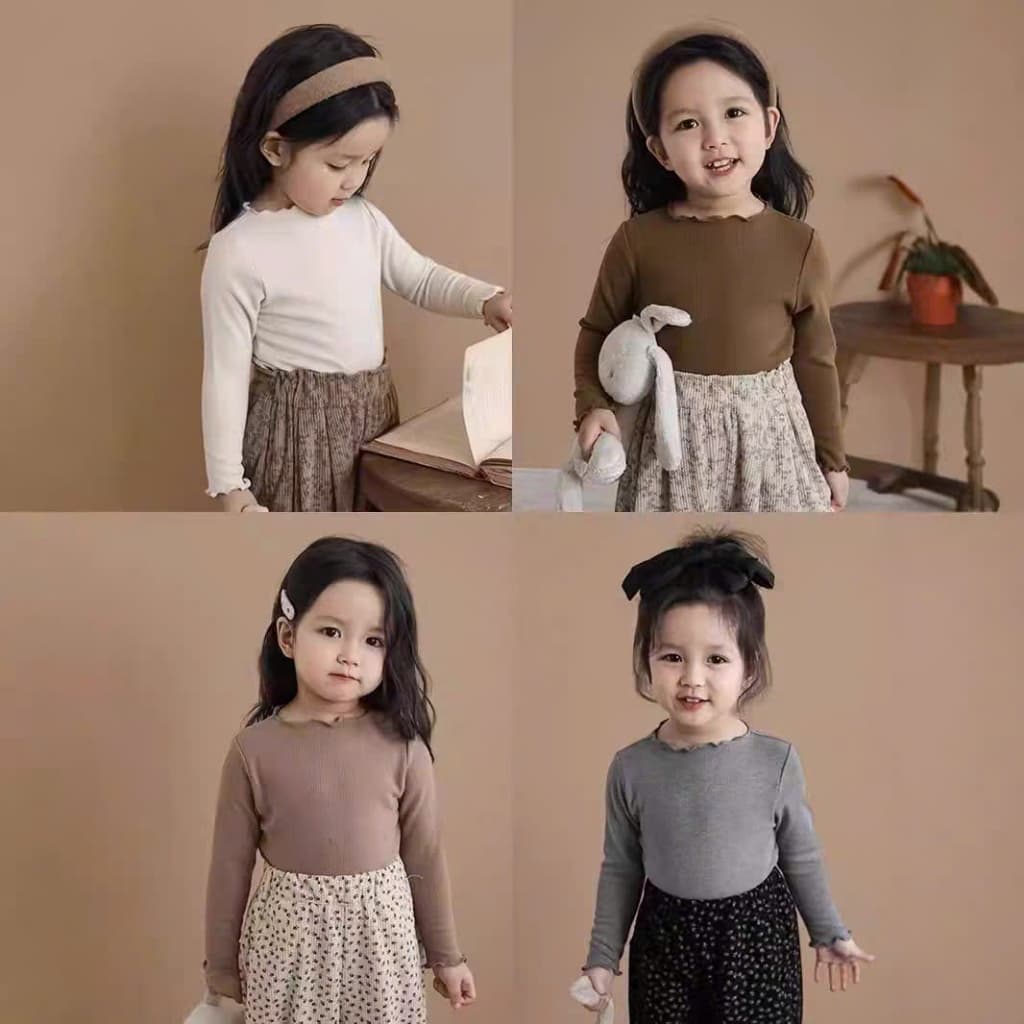 Áo thun dài tay, áo giữ nhiệt thu đông bé gái kiểu bèo nhún chất liệu thun tăm cotton mềm mịn, co giãn thoải mái