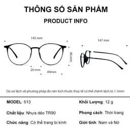 Gọng kính cận thời trang nam nữ ANDU dáng tròn chất liệu nhựa TR90 dẻo thanh mảnh nhẹ nhàng - 513 9