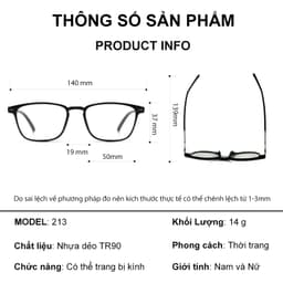 Gọng kính cận thời trang nam nữ ANDU dáng chữ nhật chất liệu nhựa TR90 siêu dẻo, siêu bền - 213 8