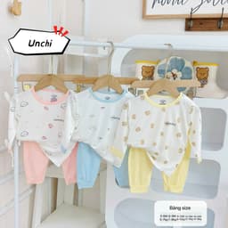 BD53. Bộ sơ sinh dài tay CÀI VAI Unchi, áo trắng phối quần màu, vải petit cho bé từ 5-15kg 2