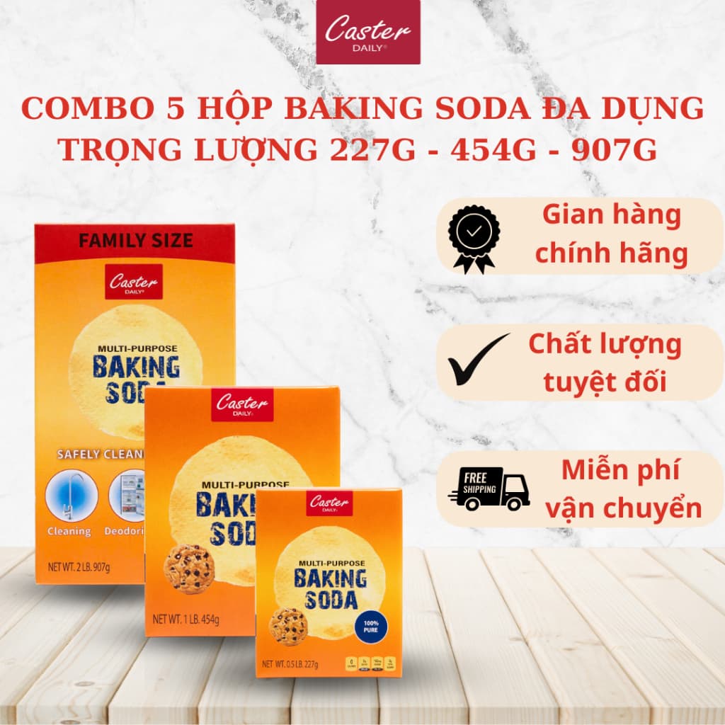 COMBO 5 HỘP BAKING SODA CASTER DAILY ĐA DỤNG LÀM BÁNH. KHỬ MÙI, VỆ SINH TRỌNG LƯỢNG 227G-454G-907G