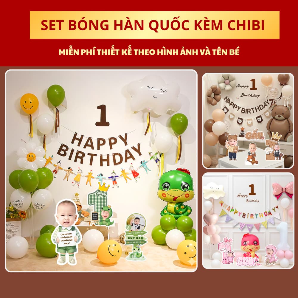 Set bóng Hàn Quốc trang trí sinh nhật thôi nôi trọn bộ kèm chibi nhỏ/ chibi đặt sàn
