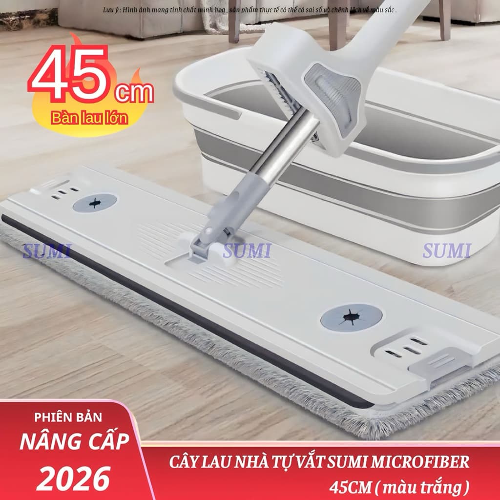 Cây Lau Nhà Tự Vắt SUMI 45cm, Chổi Lau Nhà Thông Minh Microfiber Bàn Lau Lớn, Bông Lau Thấm Hút