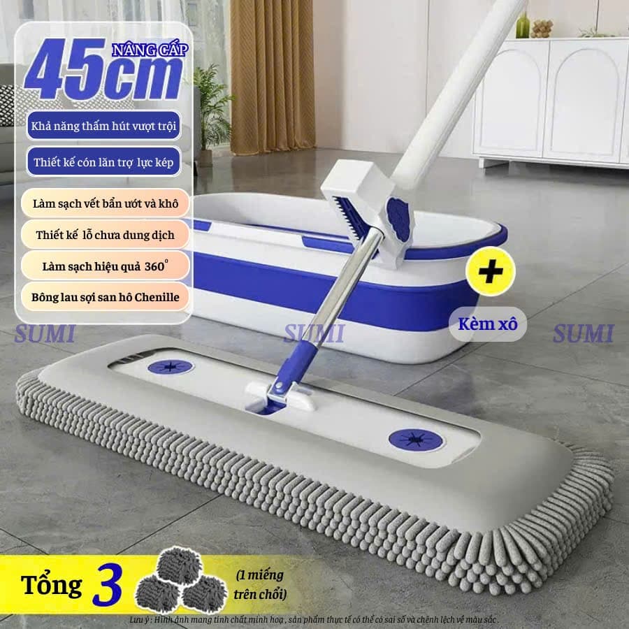 Bộ Cây Lau Nhà Tự Vắt SUMI 45cm Siêu Thấm Hút Thông Minh, Cây Lau Nhà Đa Năng 360 Độ Bông San Hô