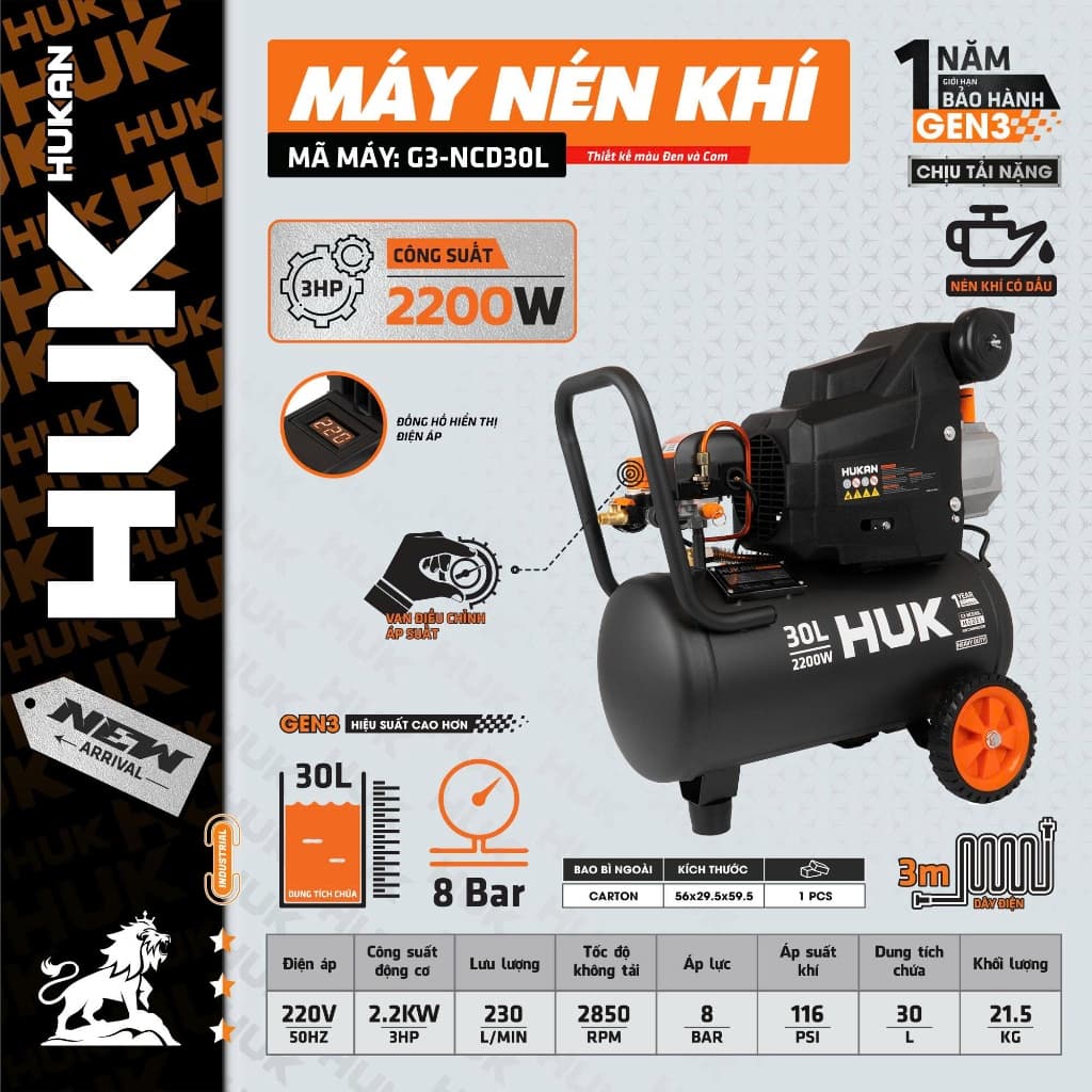 [Có Dầu] Máy Nén Khí Có Dầu 30 Lít HUKAN G3-NCD30L, Công Suất 2200w 3Hp, (1phút 14 giây) Đầy Bình