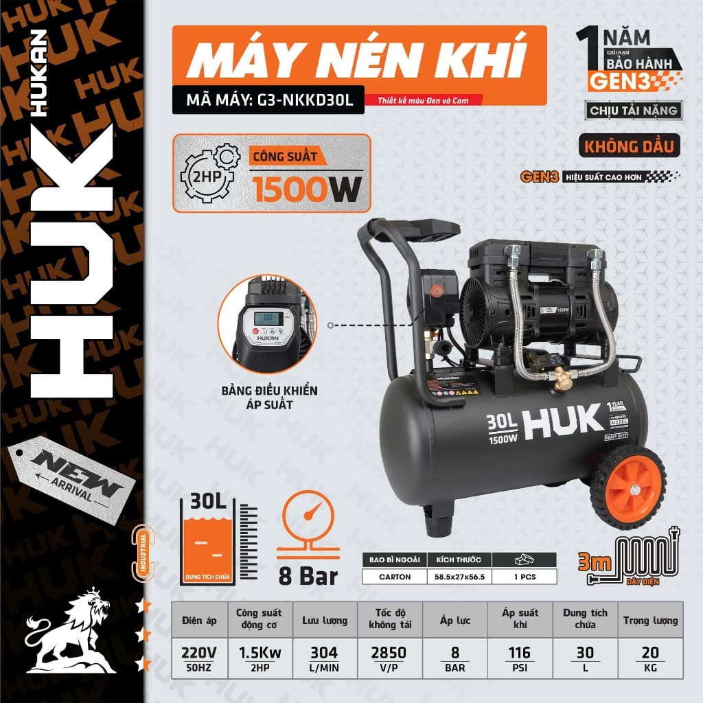 [Không Dầu] Máy nén khí 30 lít Không Dầu HUKAN N3-NKKD30L, 1500w 2HP - 8 Bar, Có Điều khiển áp suất