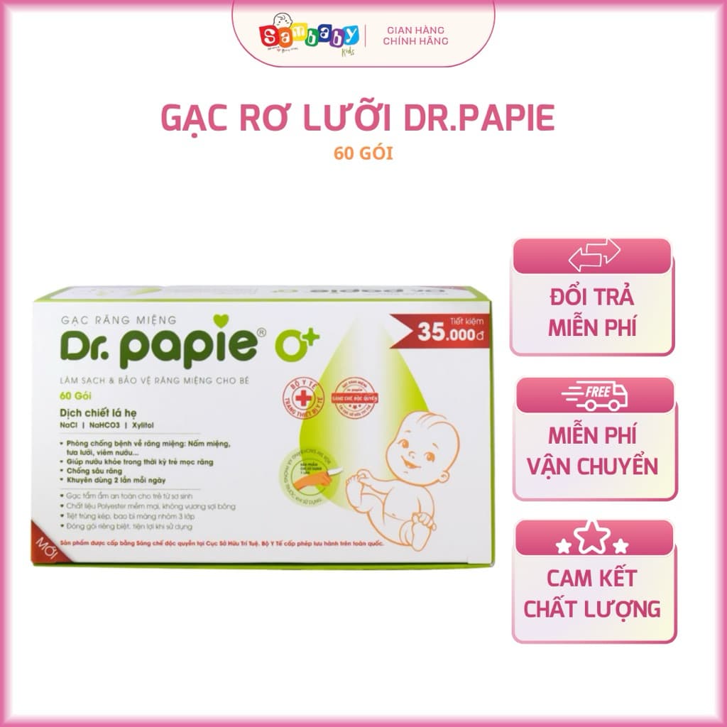 Gạc rơ lưỡi Dr Papie - Hộp 60 gói chính hãng, bảo vệ sức khỏe răng miệng trẻ em.