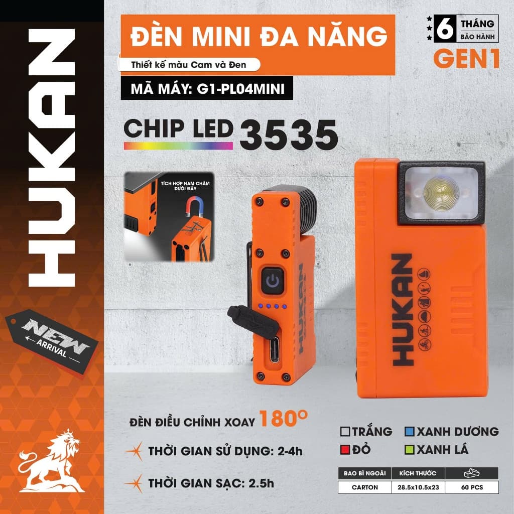 Đèn mini đa năng bỏ túi HUKAN G1-PL04mini, 4 màu đèn, Chỉnh 180 độ, Dùng 3-4H, Đế có nam châm hút