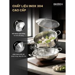 Bộ Chảo Wok Sâu Lòng Inox GKÖCH SA2010 Kèm Xửng Hấp Đáy 3 Lớp Dùng Bếp Từ Size 28cm 32cm 3