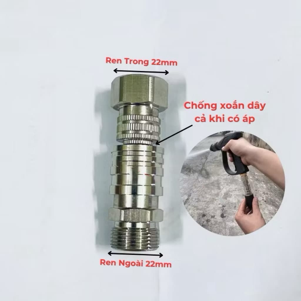 Bộ Khớp Nối Nhanh Chống Xoặn Inox Tự Gài Ren 22mm Lắp Máy Rửa Xe (NỔI NHANH CHỐNG XOĂN TỰ GÀI 22)