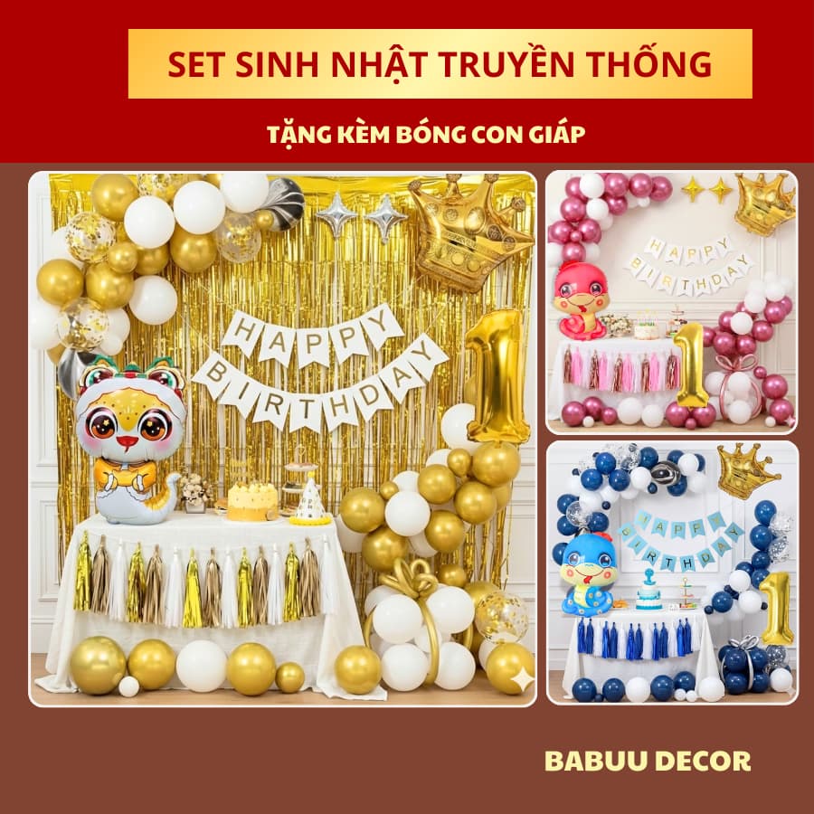 Set bóng sinh nhật thôi nôi cho bé gái, bé trai đầy đủ phụ kiện kèm bóng con vật