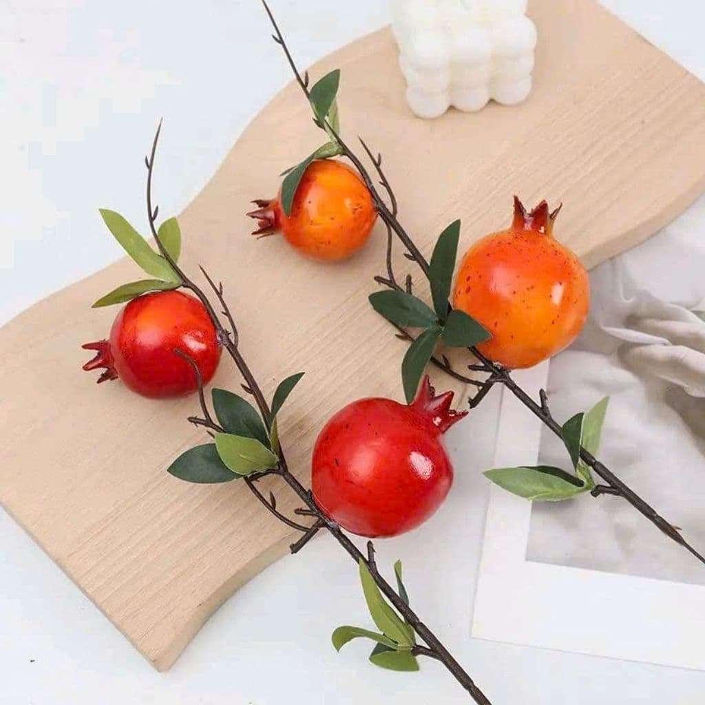 Cành lựu nhân tạo trang trí Tết, 1 Cành 2 quả, cành hồng nhân tạo
