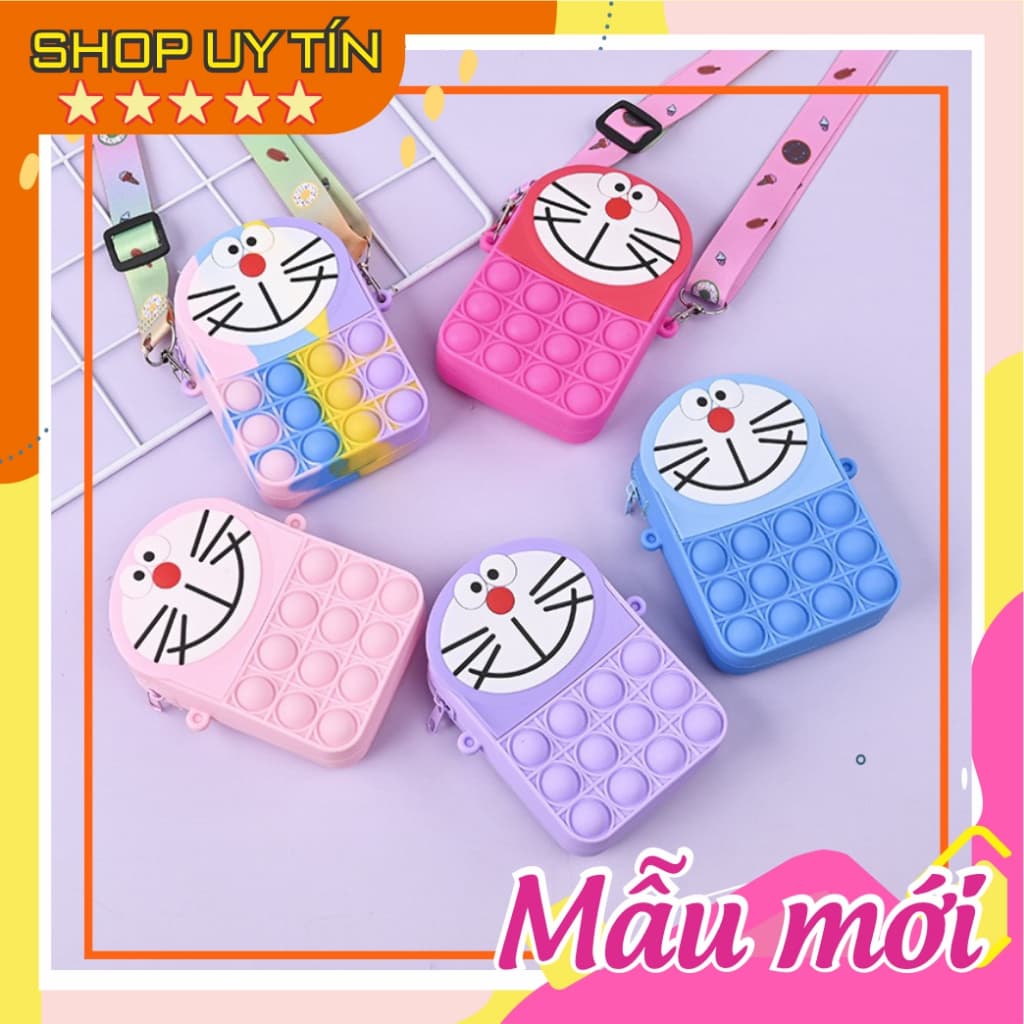 Túi xách đeo chéo silicon hình mèo máy đô rê mon doraemon, bong bóng pop-it thời trang dễ thương