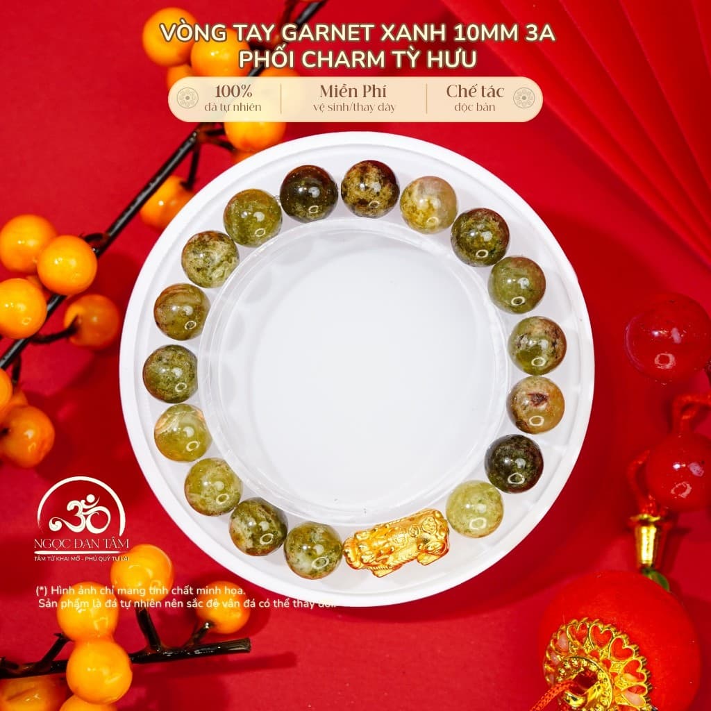 Ngọc Đan Tâm - Vòng Tay Garnet Xanh 10mm 3A Phối Charm Tỳ Hưu - Mệnh Mộc & Mệnh Hoả