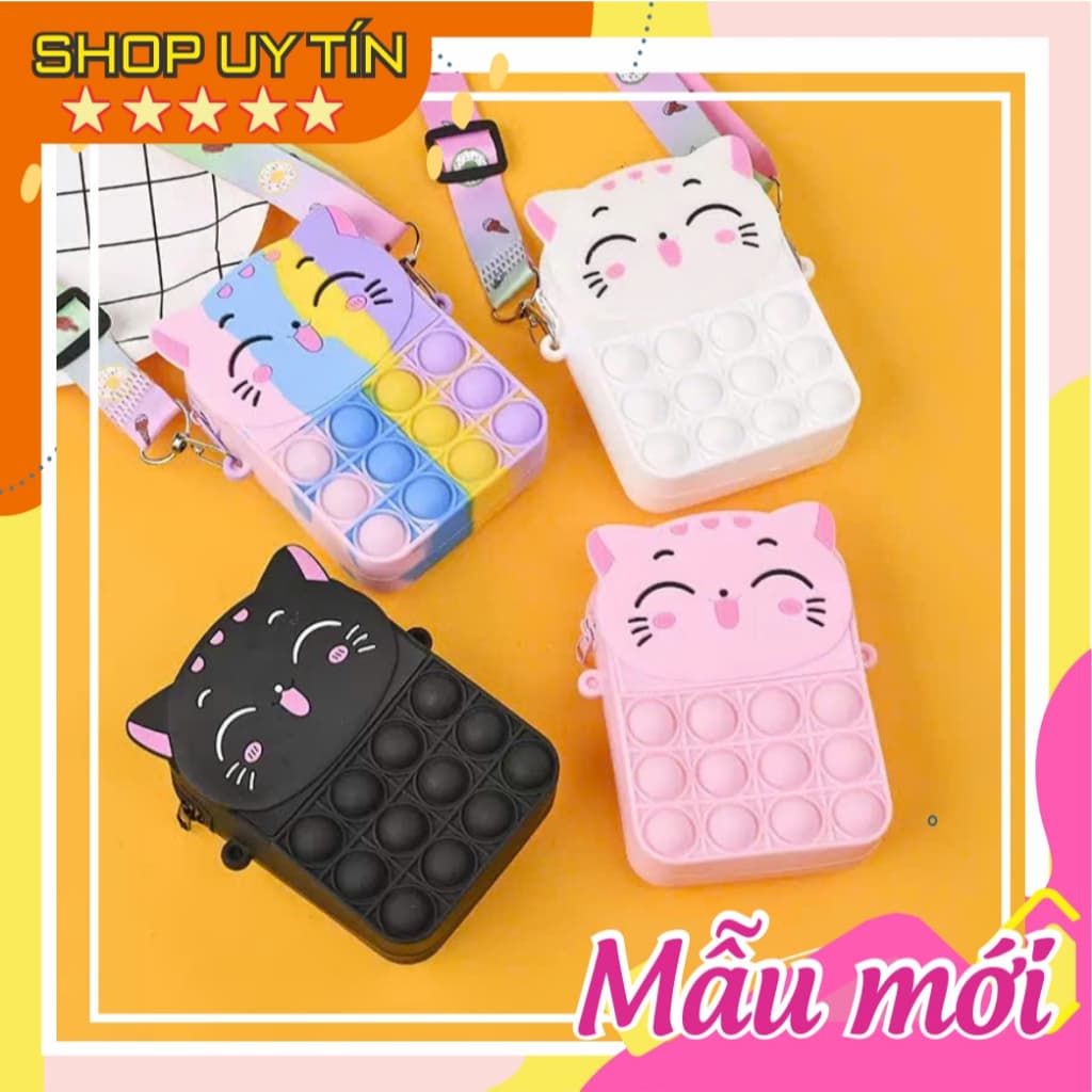 [Mới] Túi xách nữ đeo chéo silicon hình mèo cười, bong bóng pop-it thời trang dễ thương