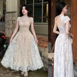 Xukadress_ Váy ren xoè tiểu thư hở lưng sang chảnh, váy ren dài xoè dự tiệc sang chảnh 3