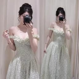 Đầm Ren Thêu Nhũ Dáng Dài Tay Cúp Sò - Đầm Ren Xoè Màu Pastel Cổ Tim, Thanh Lịch, Ananclothing 6