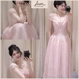 Đầm Ren Thêu Nhũ Dáng Dài Tay Cúp Sò - Đầm Ren Xoè Màu Pastel Cổ Tim, Thanh Lịch, Ananclothing 1