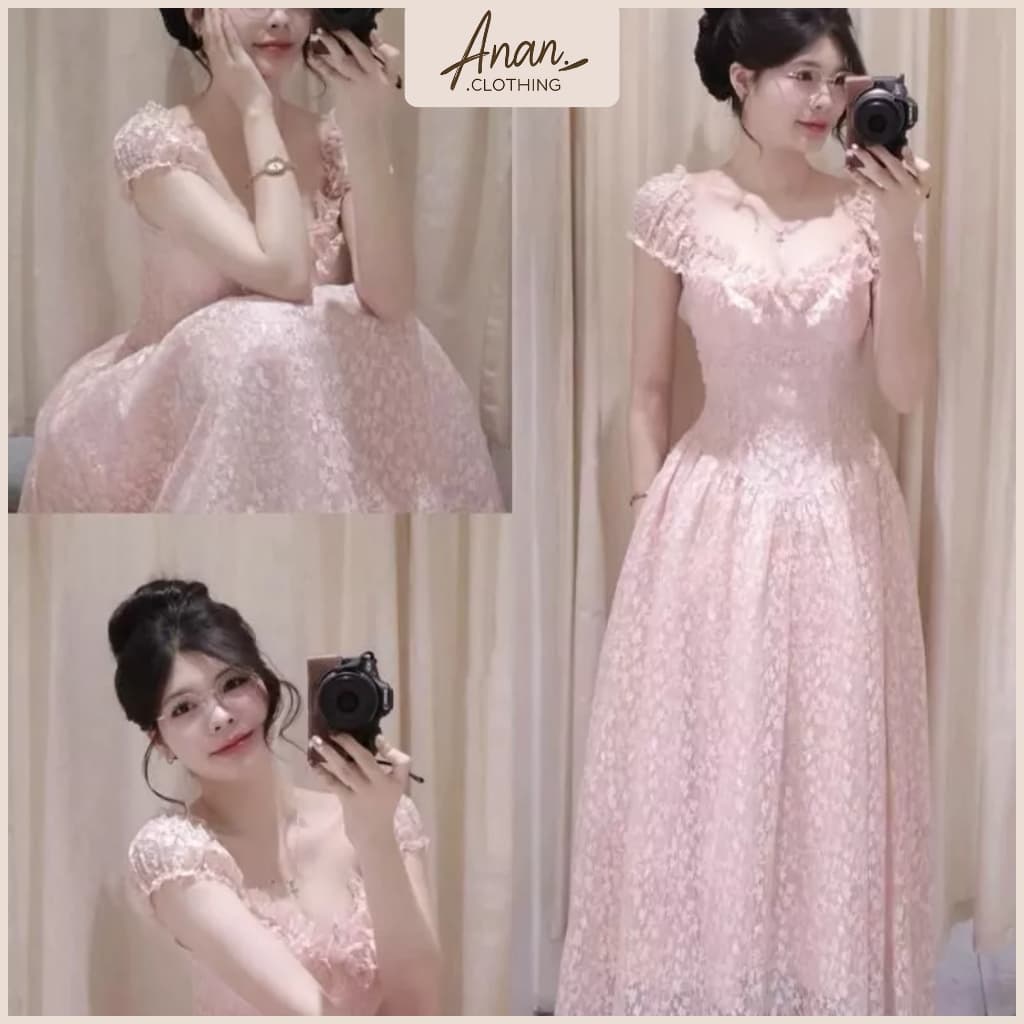 Đầm Ren Thêu Nhũ Dáng Dài Tay Cúp Sò - Đầm Ren Xoè Màu Pastel Cổ Tim, Thanh Lịch, Ananclothing
