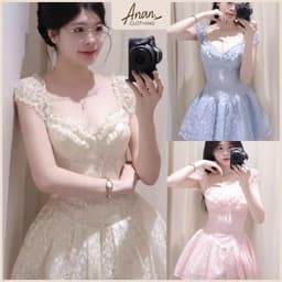 Đầm Ren Trễ Vai Tay Cúp Sò “Dáng Ngắn” Xoè Màu Pastel Phong Cách Nữ Tính, Tiểu Thư, Du Lịch Hè Ananclothing 1