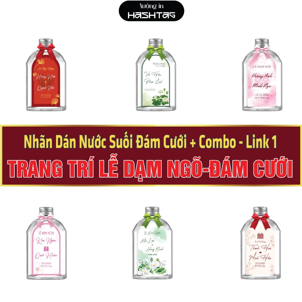 [Combo Chai Bầu Link 1 ]  Combo (Nhãn dán + Chai Bầu 330ml + nơ) Trang Trí Đám Cưới, Lễ Dạm Ngõ, Ăn Hỏi.