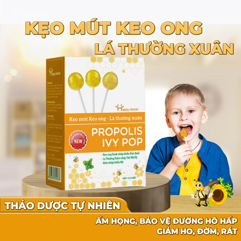 Kẹo mút ho keo ong lá thường xuân Happy Vitamin hỗ trợ ngăn ngừa ho, viêm họng, khản tiếng-  Hộp 12 Que